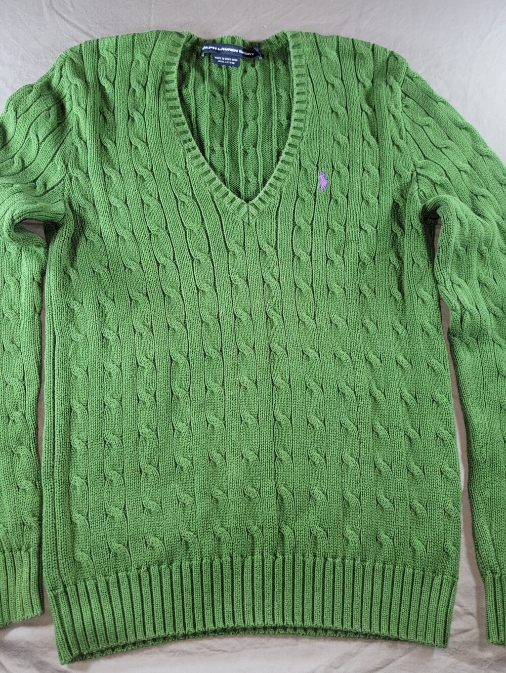 Ralph Lauren Sport Women's Large Cable-Knit Cotton V-Neck Sweater, Dark Green